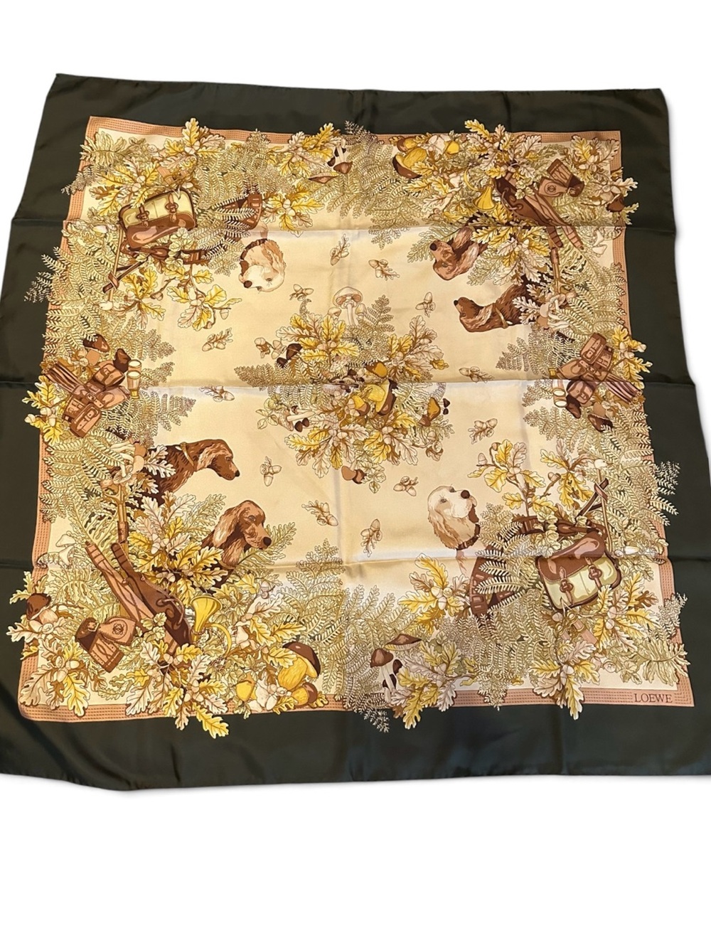 Vintage Loewe “The Hunt” Silk Scarf Dogs Hunting Woodland 35” Square